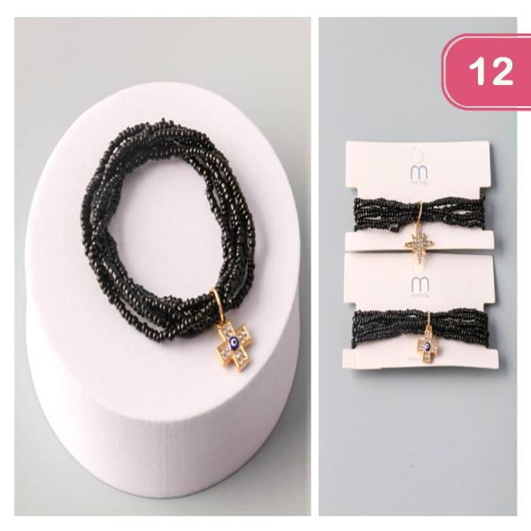 Evil Eye Cross Seed Bead Bracelet (12 Units)