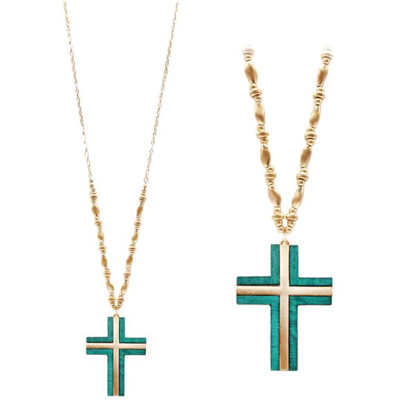 WOODEN METAL CROSS PENDANT NECKLACE