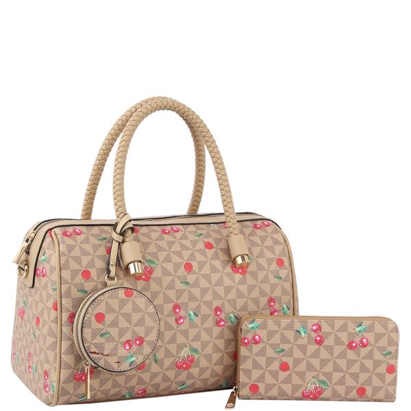 3IN1 MONOGRAM CHERRY PRINT BOSTON W WALLET AND COIN PURSE SET