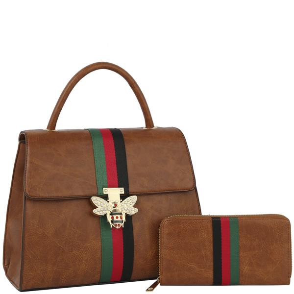2IN1 SMOOTH STRIPE BUG SATCHEL W WALLET SET