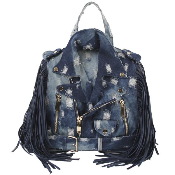 Denim Fashion Jacket Tassel Handle Backpack