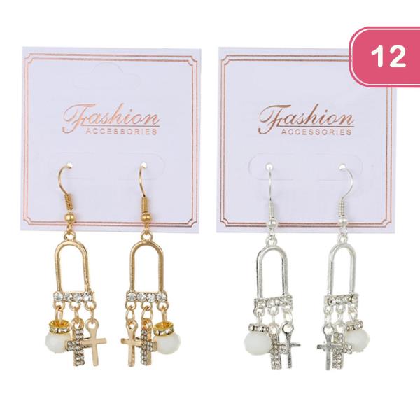 Rhinestone Cross Charm Earrings (12 Units)