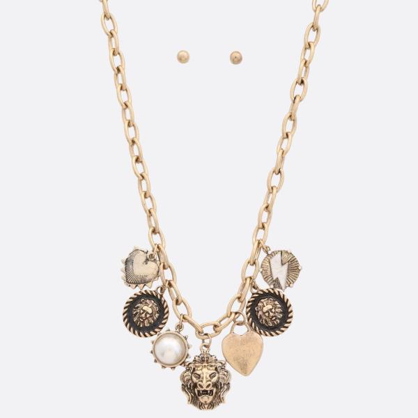 Lion Head Heart Charm Oval Link Metal Necklace