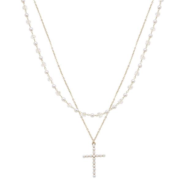 2 Row Cross Pendant Pearl Crystal Bead Necklace