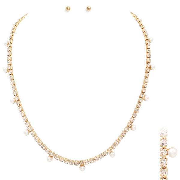 Rhinestone Pearl Necklace Earring Set