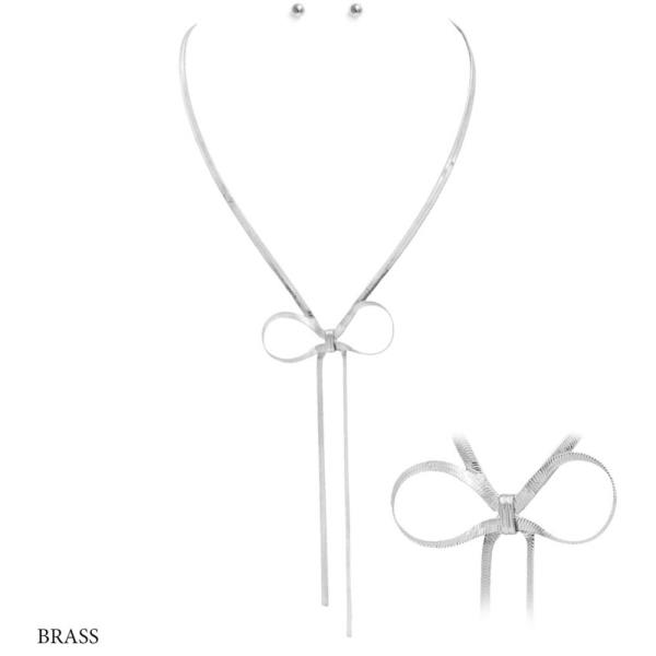 Metal Ribbon Bow Pendant Necklace Earring Set