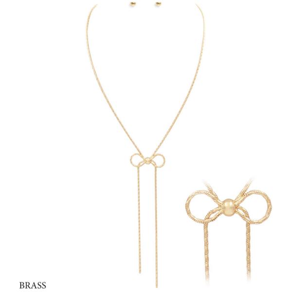 Metal Ribbon Bow Pendant Necklace Earring Set