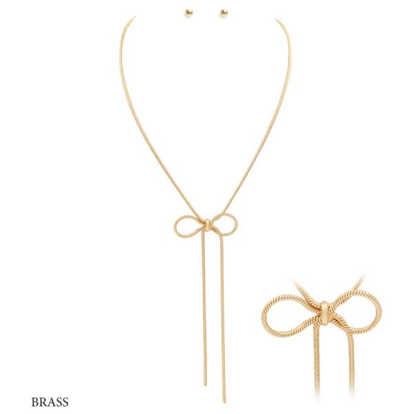 Metal Ribbon Bow Pendant Necklace Earring Set