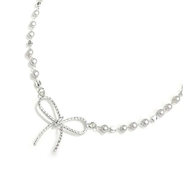 Metal Pearl Ribbon Bow Necklace