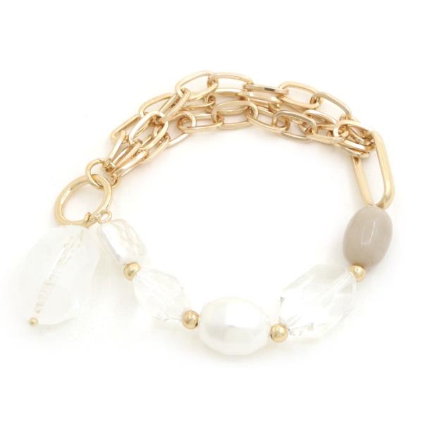 Clear Bead Pearl Oval Link Bracelet