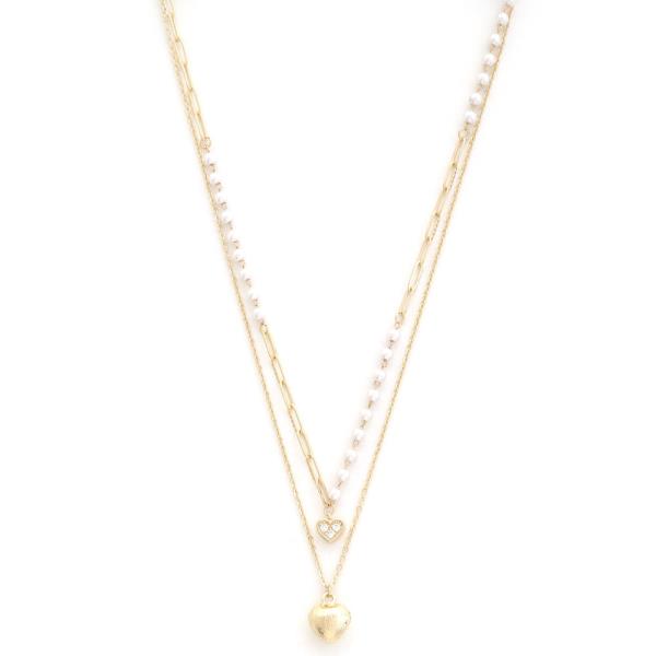Double Heart Charm Pearl Bead Layered Necklace