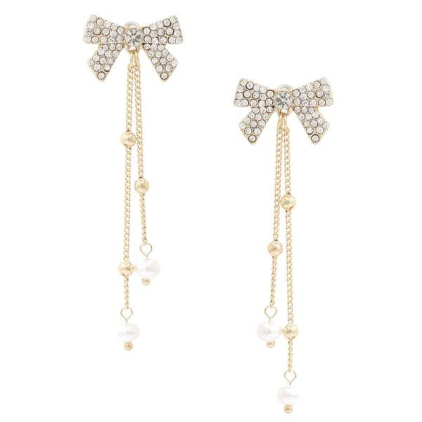 Rhinestone Ribbon Bow Pearl Bead Chain Earring