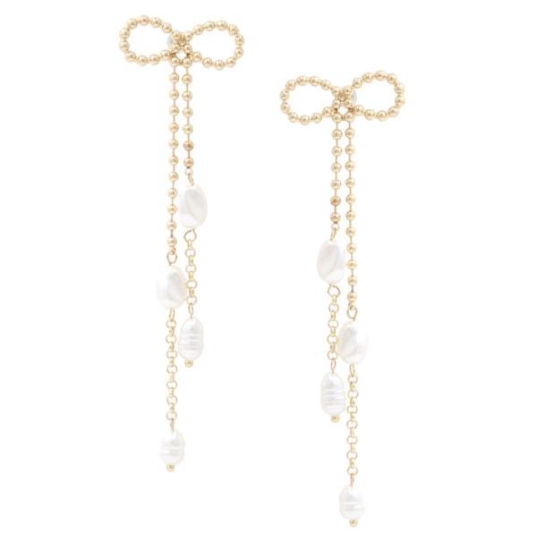 Ball Bead Chain Ribbon Bow Pearl Dangle Earring