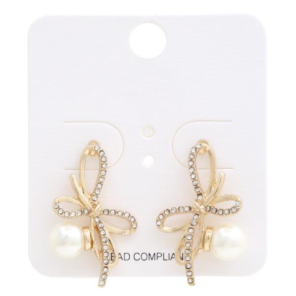 Double Ribbon Bow Pearl Bead Metal Earring