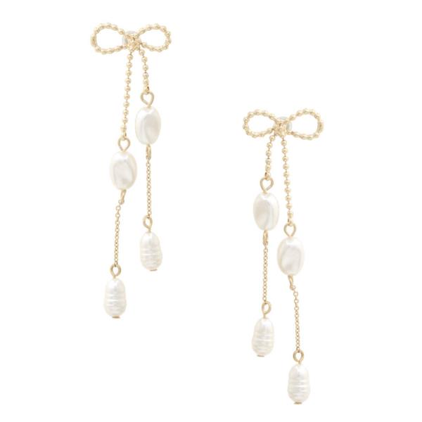 Pearl Beaded Metal Ribbon Bow Drop Earring