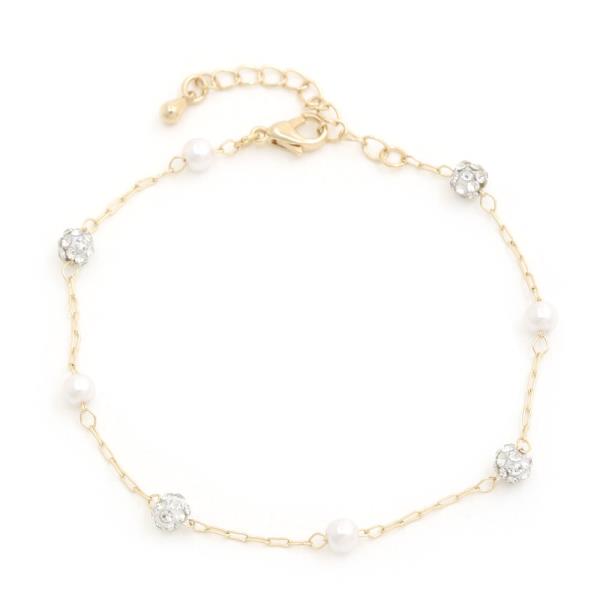 Rhinestone Pearl Bead Station Bracelet
