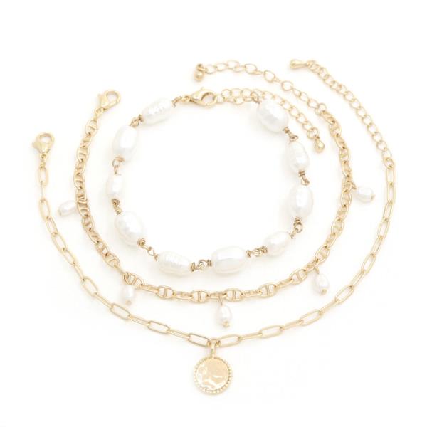Coin Charm Pearl Bead Assorted Bracelet Set
