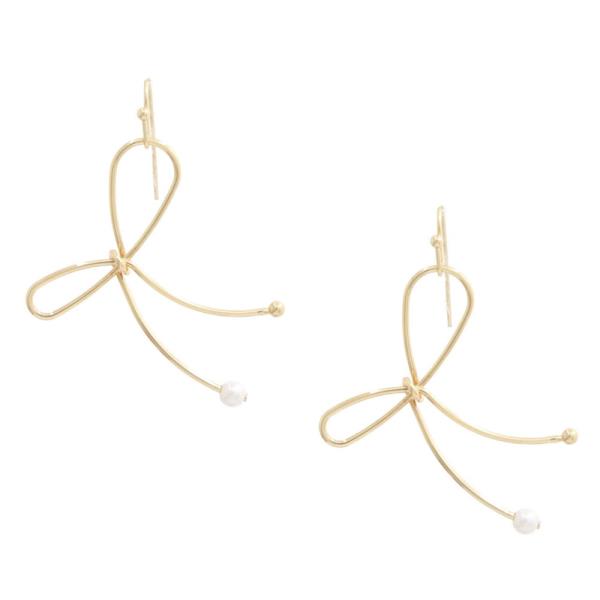 Metal Ribbon Bow With Pearl Tip Dangle Earring