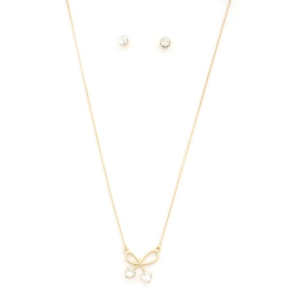 Heart Crystal Ribbon Bow Necklace Earring Set