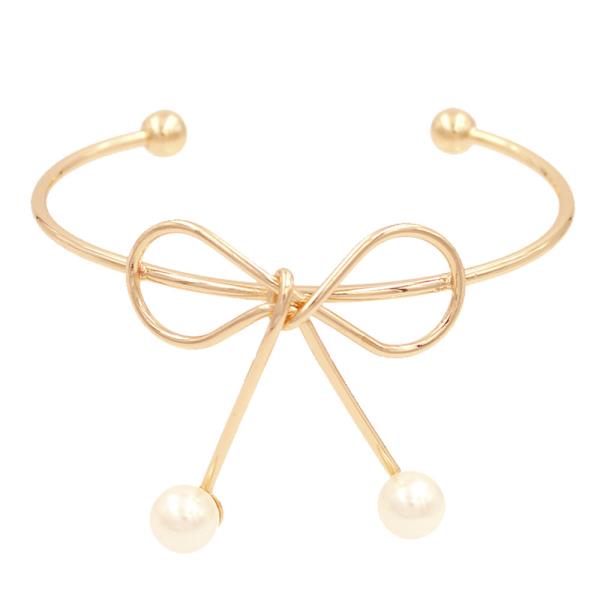 Double Pearl Bead Bow Metal Cuff Bracelet