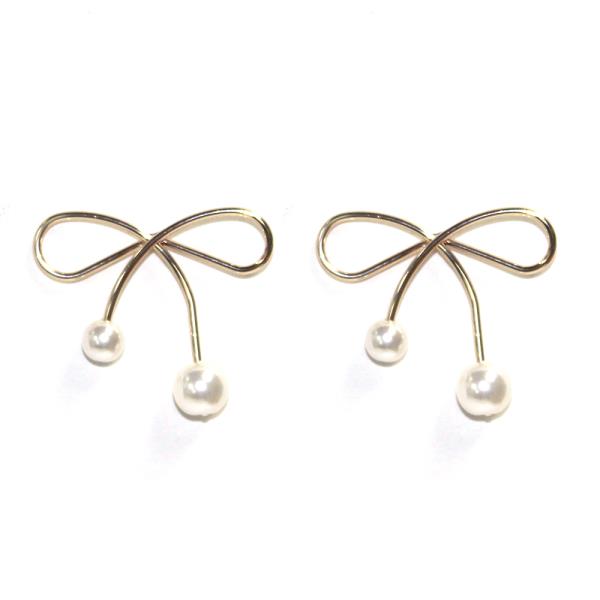 Pearl Metal Ribbon Bow Post Earring