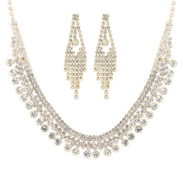 RHINESTONE ROUND STONE BIB NECKLACE SET