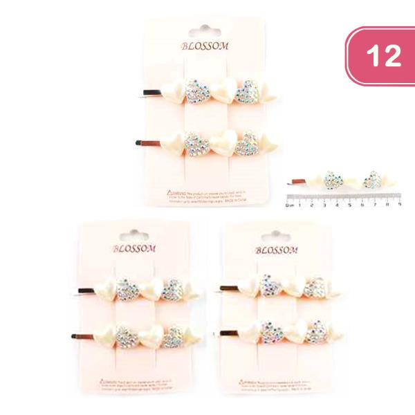 Pearl Rhinestone Heart Hair Pins Set (12 Units)
