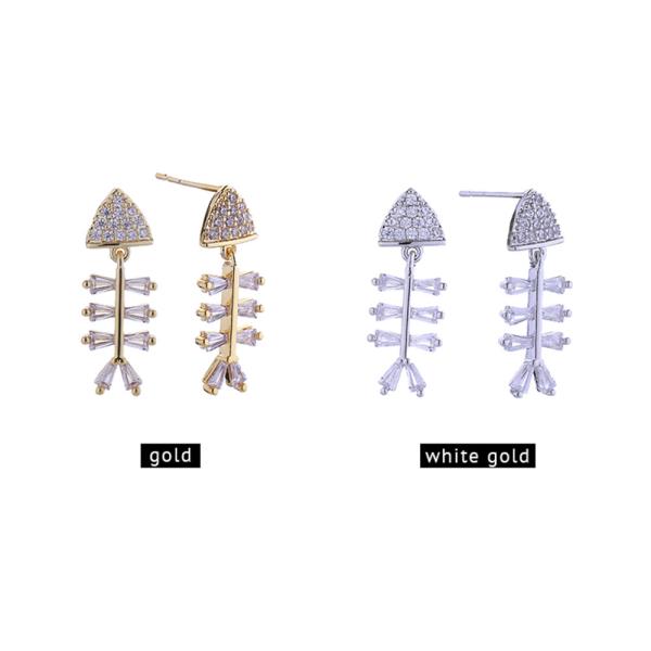 14K White Gold Dipped Fish Bone CZ Earrings