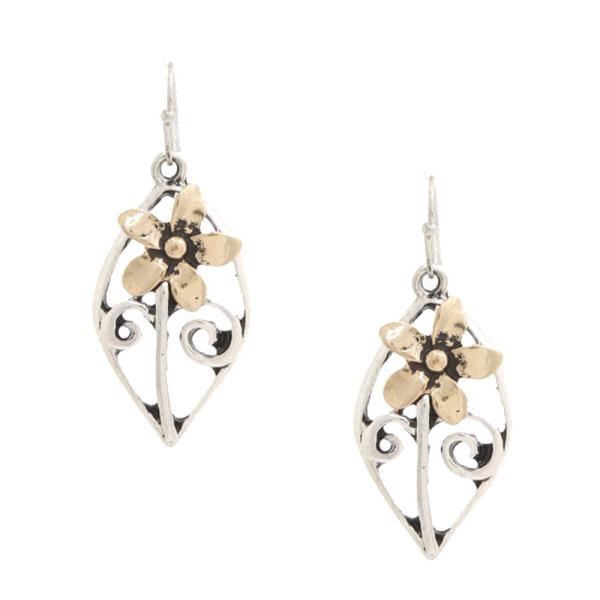 Two Tone Pointed Oval Flower Metal Dangle Earring