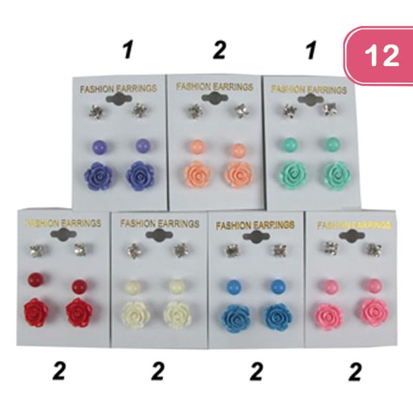 Flower Rhinestone Pearl Earring Set (12 Units)