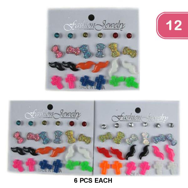 Bow Mustache and Cross Earring Set (12 Units)