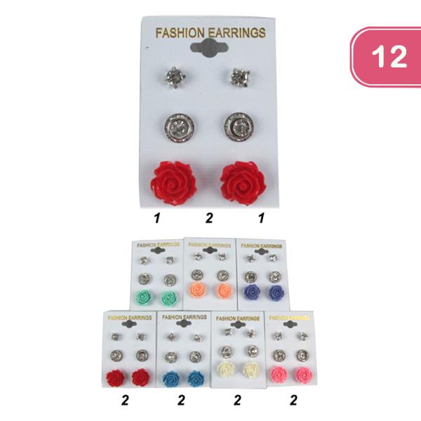 Flower Rhinestone Stud Earring Set (12 Units)