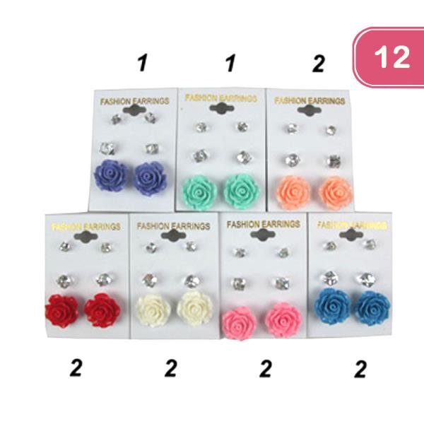 Flower Rhinestone Stud Earring Set (12 Units)
