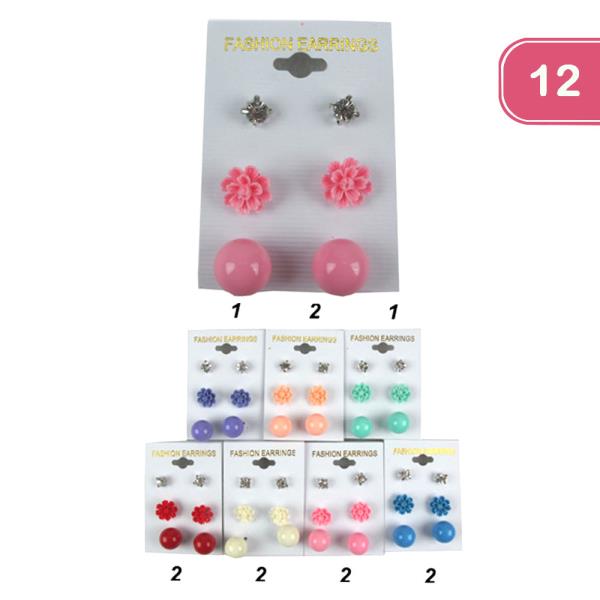 Flower Rhinestone Pearl Earring Set (12 Units)