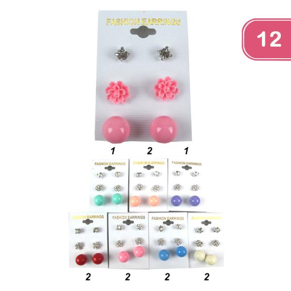 Flower Rhinestone Pearl Stud Earring (12 Units)