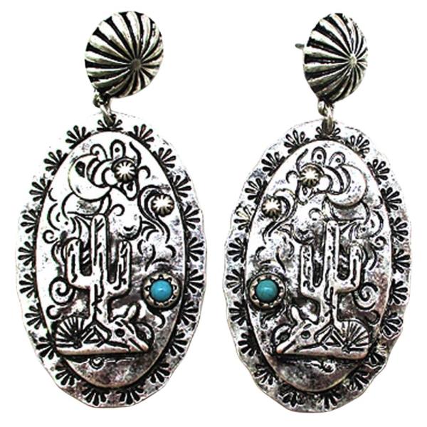 Western Oval Cactus Metal Dangle Earring