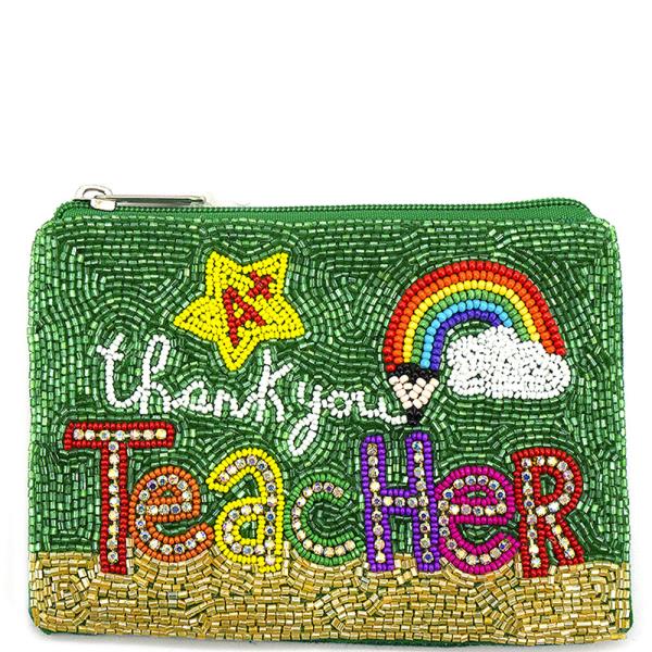 Thank You Teacher Rainbow Seed Bead Coin Purse Bag