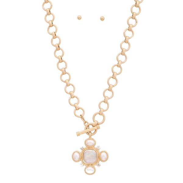 Metal Pearl Cross Water Resistant Necklace Set