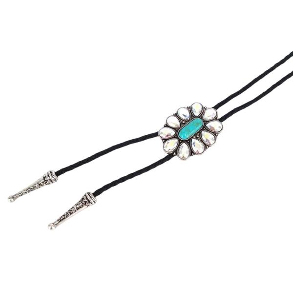 WESTERN STYLE FLOWER TQ STONE LONG ADJUSTABLE NECKLACE EARRING SET