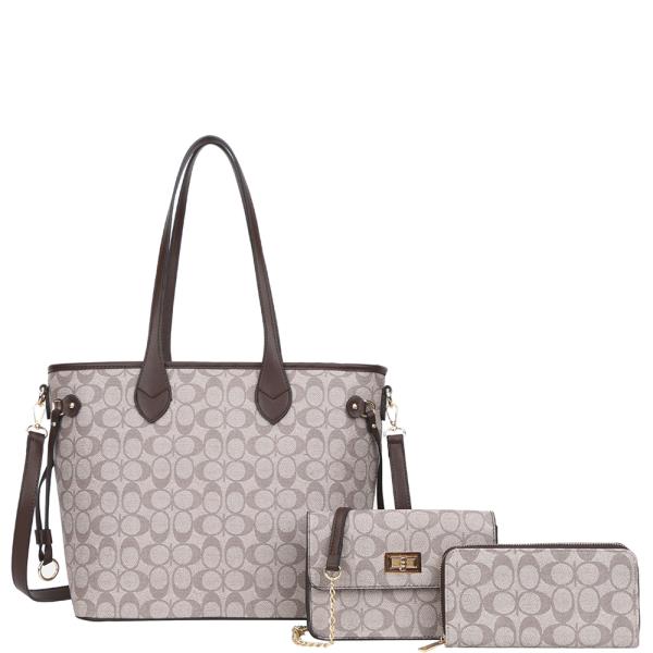 3IN1 Oval Print Tote Bag W Crossbody Wallet Set