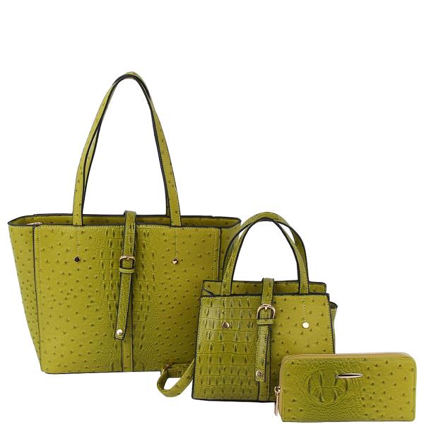 3IN1 Ostrich Tote W Handle Bag and Wallet Set