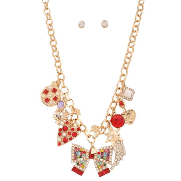 Rhinestone Bow Heart Charm Necklace