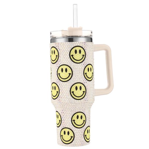 Happy Face Rhinestone 40 oz Tumbler Handle Straw