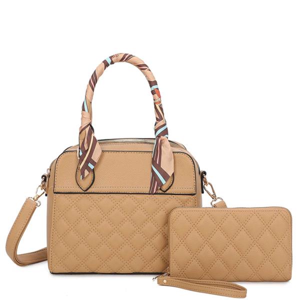 2IN1 Quilted Scarf Top Handle Satchel W Wallet