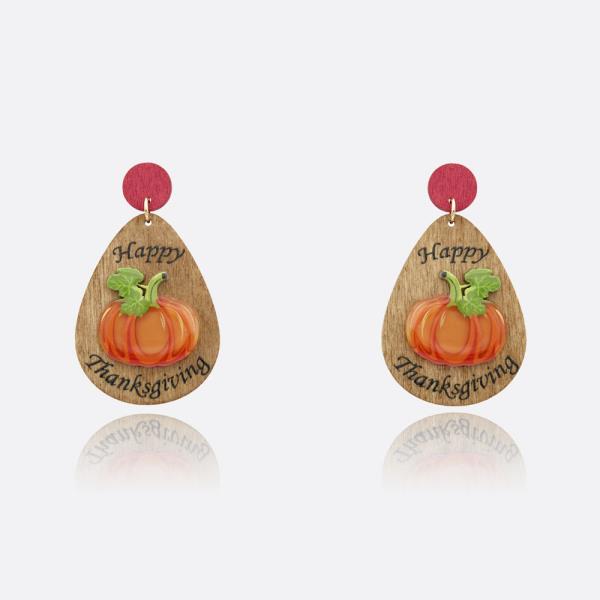 Happy Thanksgiving Pumpkin Wooden Dangle Earring