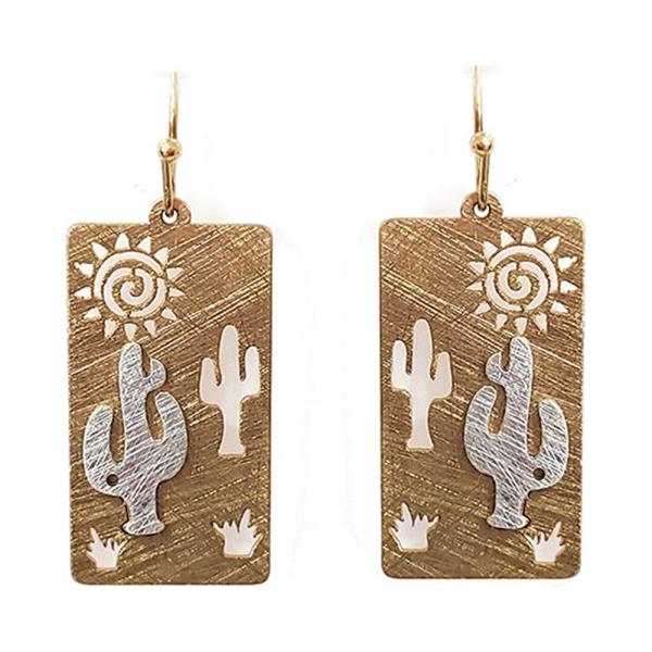 TWO TONE BRASS WESTERN CACTUS SUN RECTANGLE DANGLE EARRING BRASS
