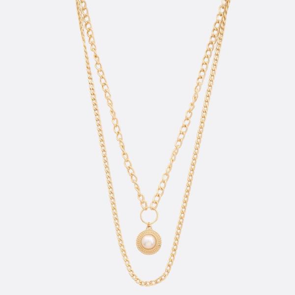 Round Pearl Bead Layered Metal Necklace