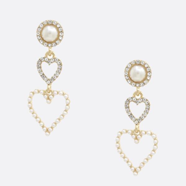 Double Heart Pearl Rhinestone Dangle Earring
