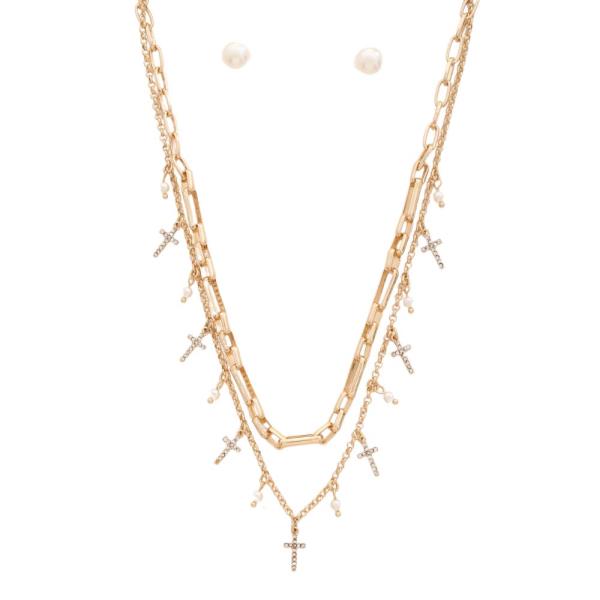 Cross Rhinestone Pearl Bead Layered Necklace