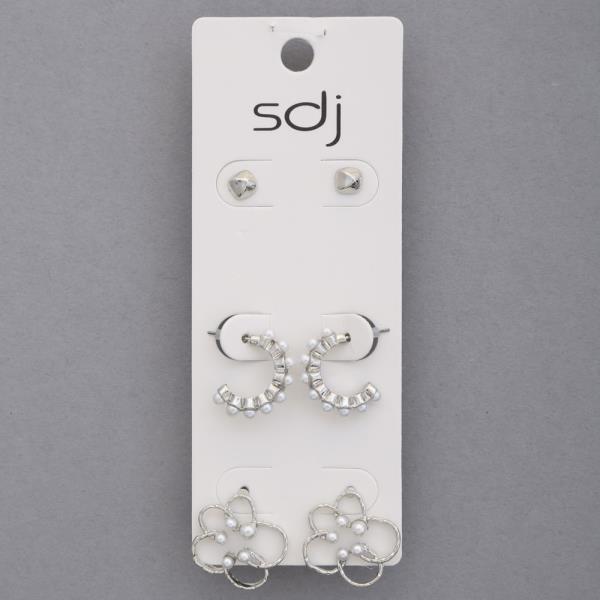 SDJ Pearl Bead Flower Metal Assorted Earring Set